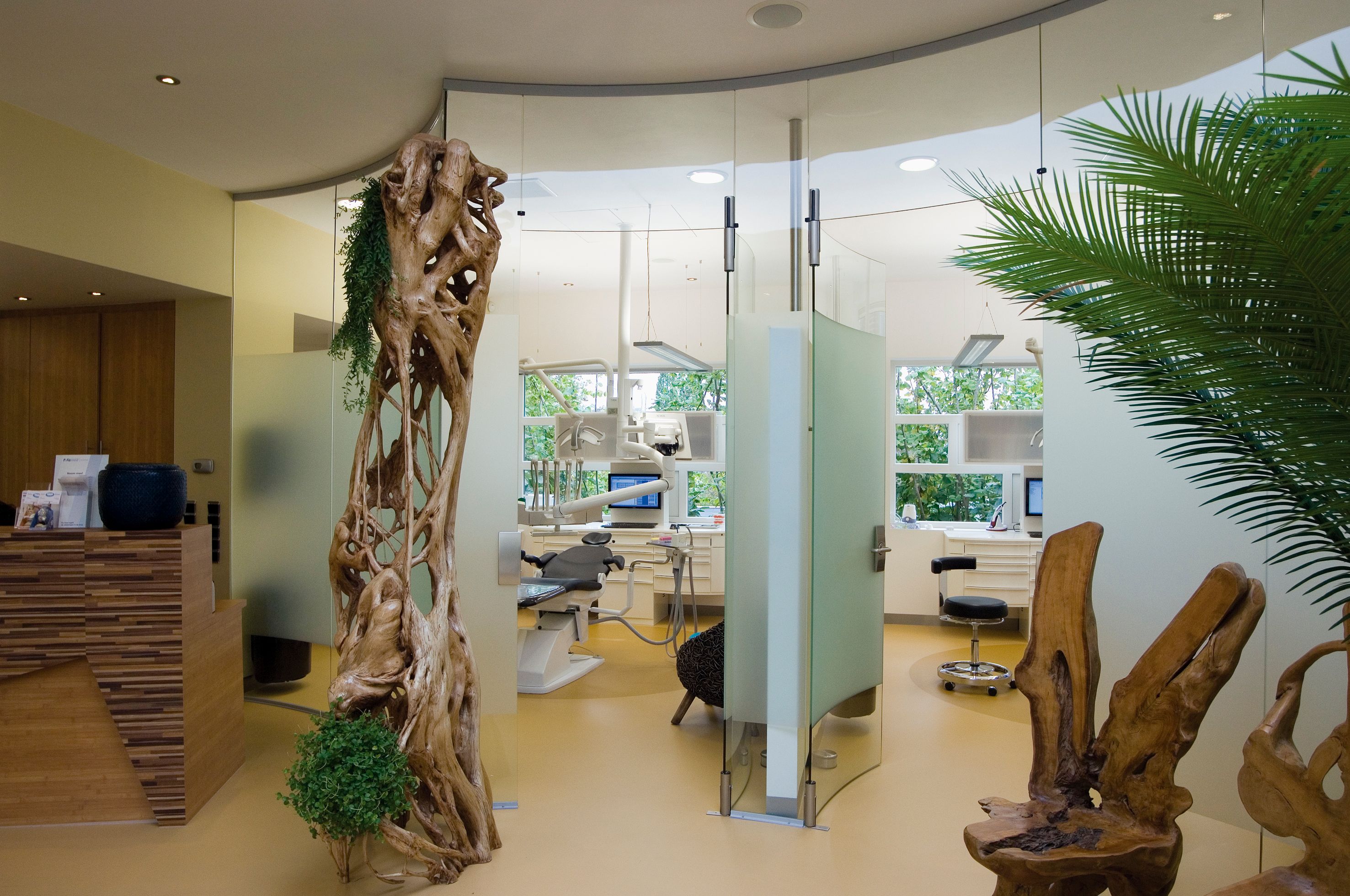 De glazen behandelkamers achter een houten sculptuur